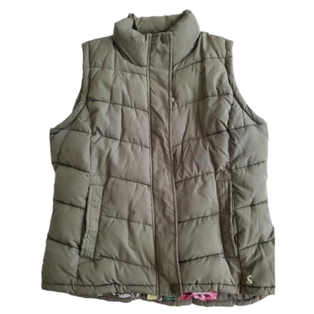 Joules 12 Green Puffy Quilted Vest with snap pockets, high neck.